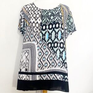 Sami & Jo Geometric Print Art To Wear Color Block Semi Sheer High Low Blouse 2X